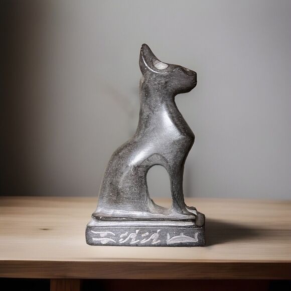 VTG  Egyptian Cat Feline Figurine Polished Stone Gray Middle Eastern Sphinx - Picture 5 of 11